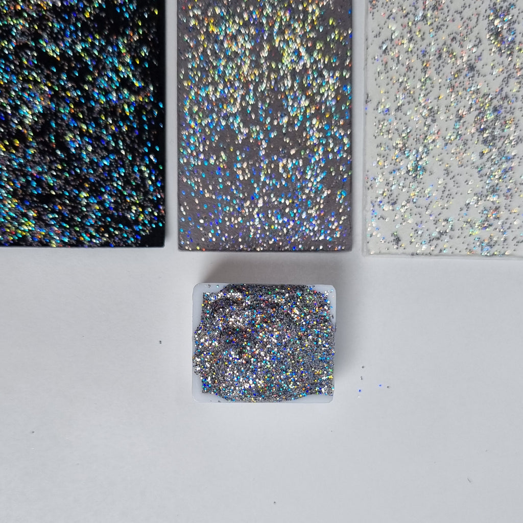 GLOWYBOX Holografische Glitter Aquarellfarbe, Glitzer Aquarell für besondere Highlight Glitzer Wasserfarben Holografische Farbe 1/2 Pfanne Metalliceffekt Aquarellfarbe (HOLO SILVERSTAR)