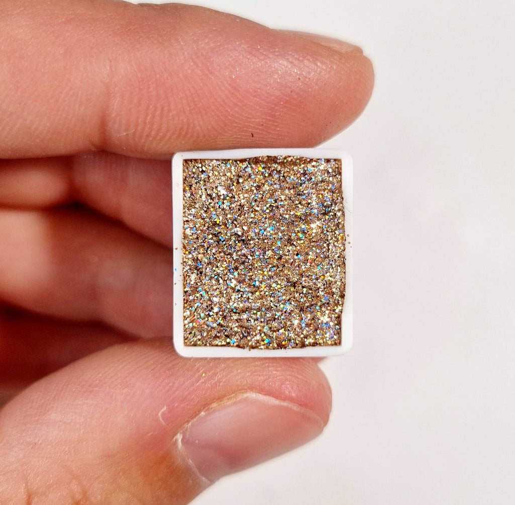 GLOWYBOX Holografische Glitter Aquarellfarbe, Glitzer Aquarell für besondere Highlight Glitzer Wasserfarben Holografische Farbe 1/2 Pfanne Metalliceffekt Aquarellfarbe (Gold HOLO)