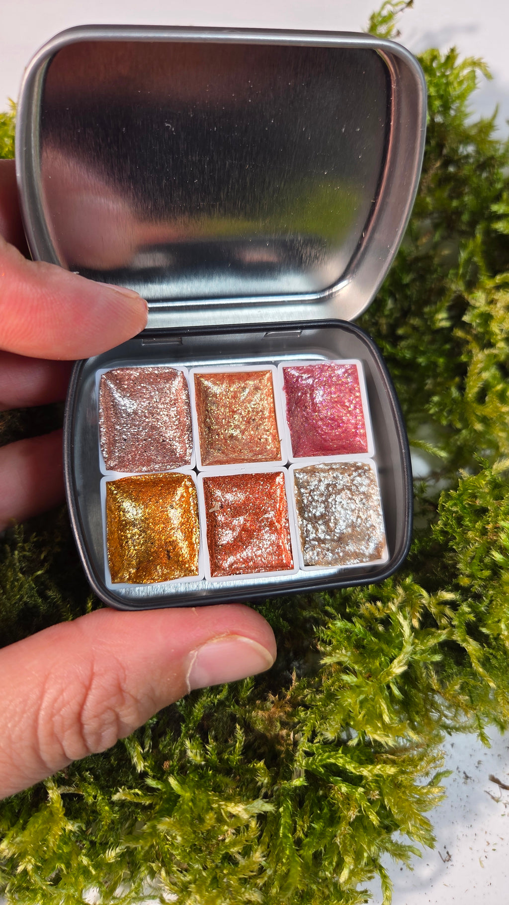 GLOWYBOX Holografische Glitter Aquarellfarbe, Glitzer Aquarell für besondere Highlight Glitzer Wasserfarben Holografische Farbe Glitter Farbe 1/2 Pfanne 2 ml (Gold Rose Blush 6er)
