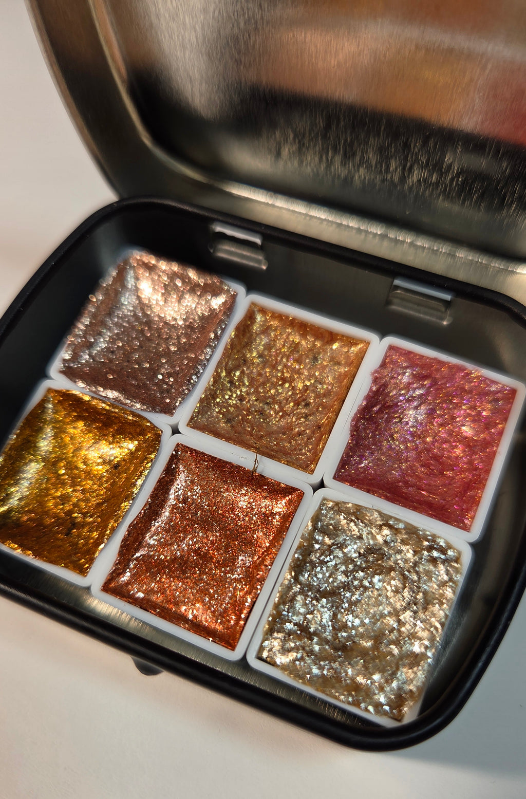 GLOWYBOX Holografische Glitter Aquarellfarbe, Glitzer Aquarell für besondere Highlight Glitzer Wasserfarben Holografische Farbe Glitter Farbe 1/2 Pfanne 2 ml (Gold Rose Blush 6er)