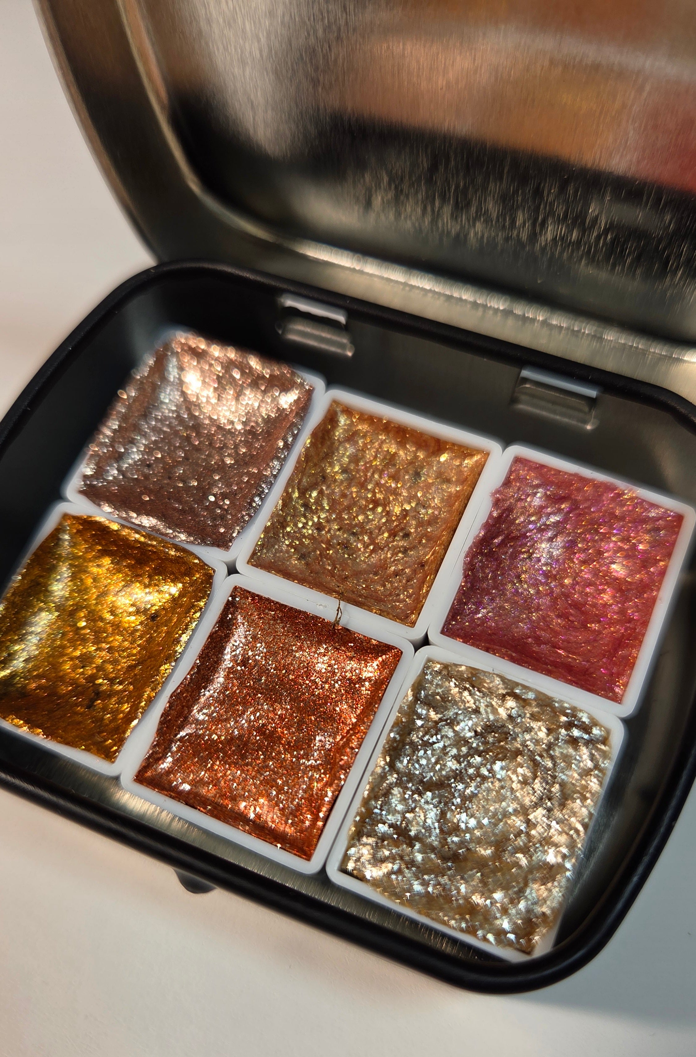 GLOWYBOX Holografische Glitter Aquarellfarbe, Glitzer Aquarell für besondere Highlight Glitzer Wasserfarben Holografische Farbe Glitter Farbe 1/2 Pfanne 2 ml (Gold Rose Blush 6er)