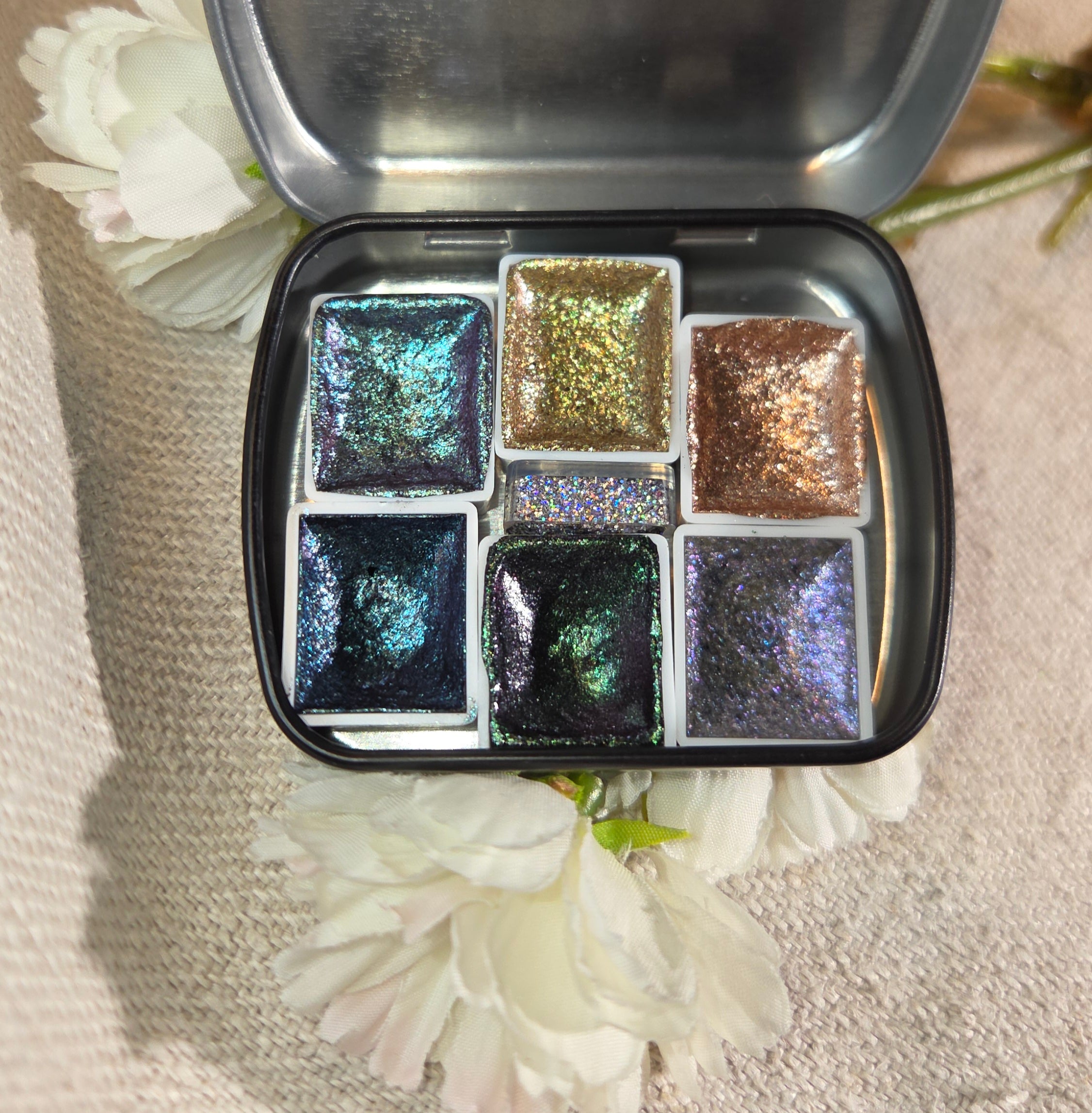 GLOWYBOX Holografische Glitter Aquarellfarbe, Glitzer Aquarell für besondere Highlight Glitzer Wasserfarben Holografische Farbe 1/2 Pfanne Metalliceffekt Aquarellfarbe (Aquarius Holo set)