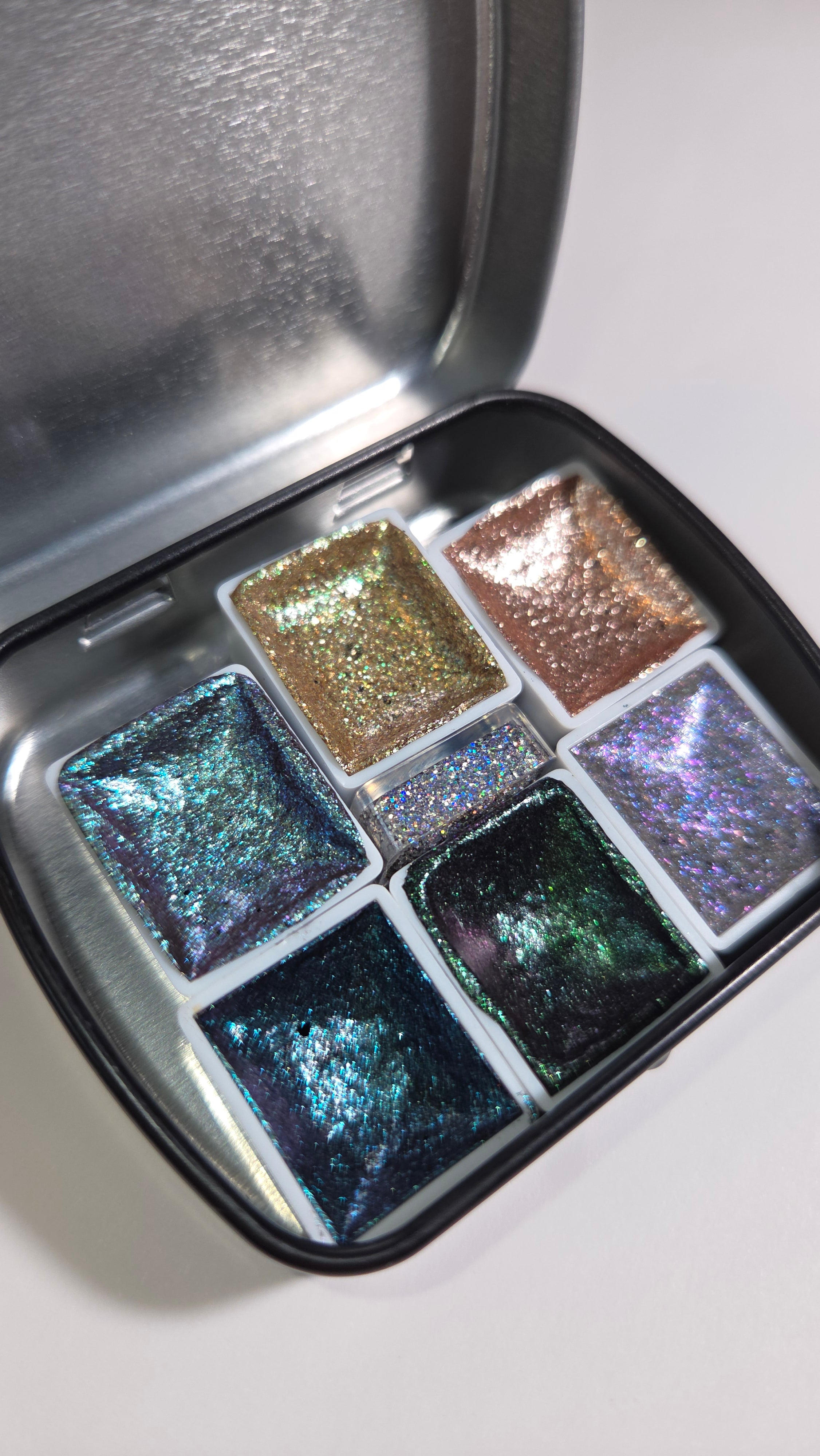 GLOWYBOX Holografische Glitter Aquarellfarbe, Glitzer Aquarell für besondere Highlight Glitzer Wasserfarben Holografische Farbe 1/2 Pfanne Metalliceffekt Aquarellfarbe (Aquarius Holo set)