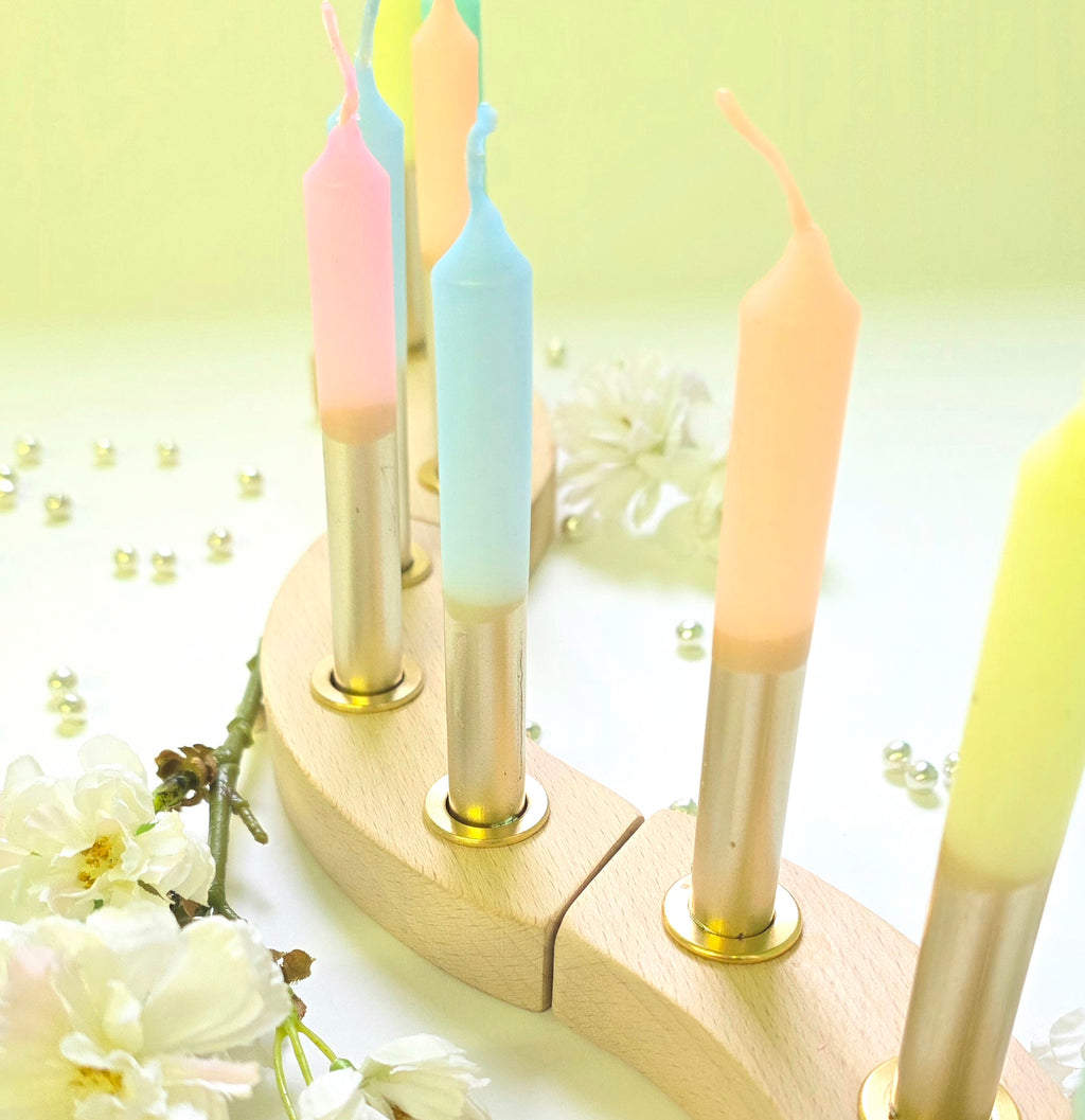 GLOWYBOX Geburtstagskerzen für Kerzenring Kerzen für Kindergeburtstag bunte Kinderkerzen Geburtstagszug Minikerzen bunt Kerzen gold bunt neon dip Dye Kerzen regenbogen Gold 10er