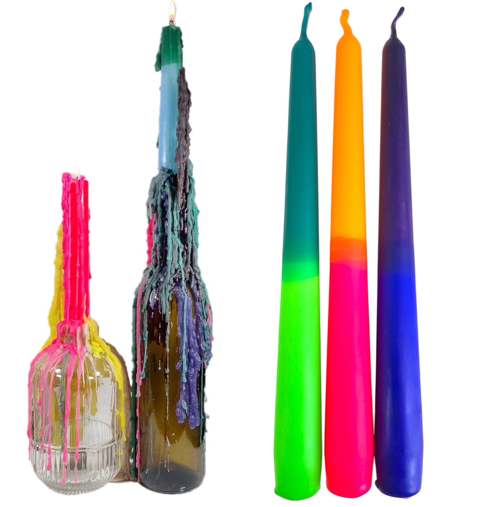 Produktbild TROPFKERZEN 3er SET Kerzenbunt perfekt zum betropfen Tropfenkerze, Tropfkerze für Flasche bunt für Flaschen und Kerzenständer DIP DYE TROPFKERZEN BUNT neon Farben