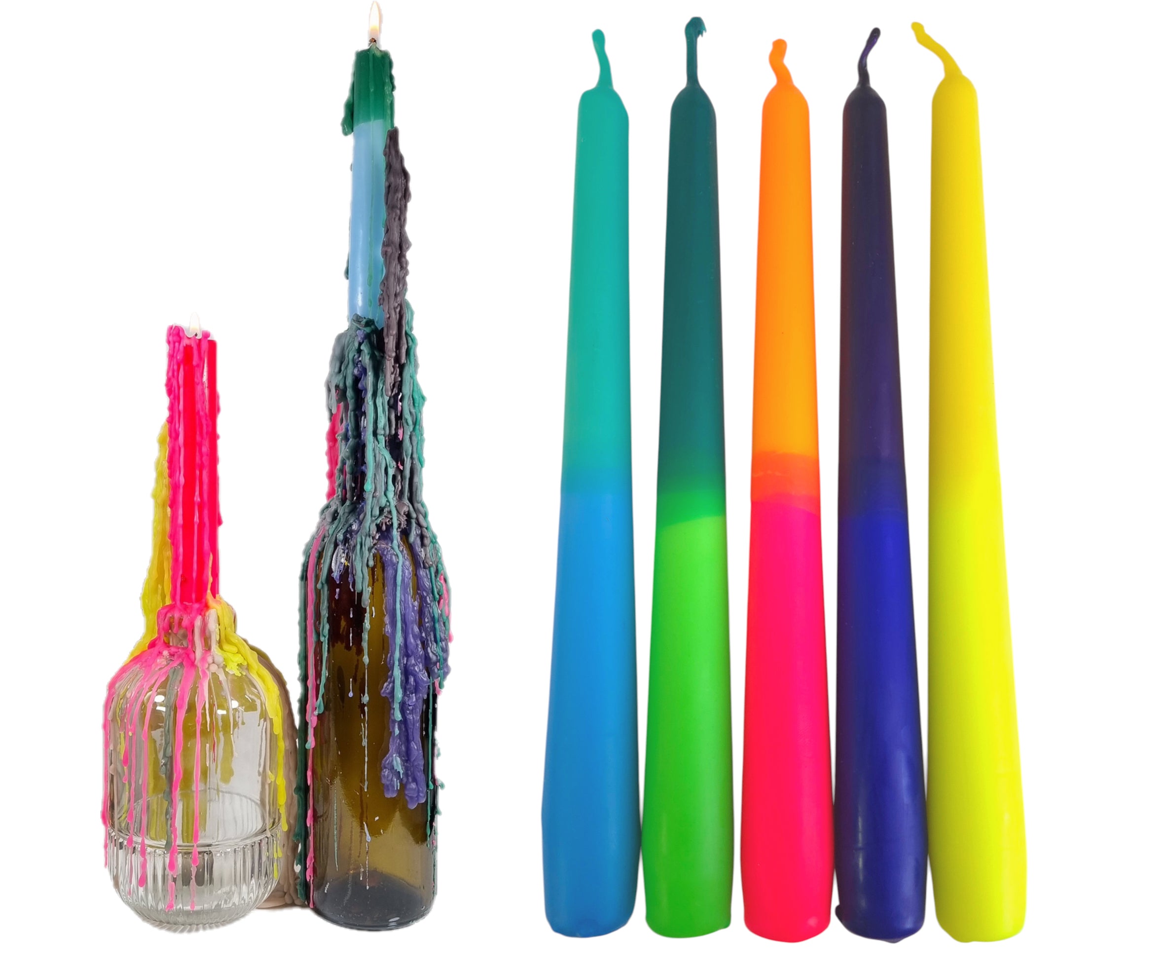 TROPFKERZEN 5er SET Tropfkerzen bunt perfekt zum betropfen Tropfenkerze, Tropfkerze für Flasche neon Farben Kerzen für Flaschen und Kerzenständer DIP DYE TROPKERZEN BUNT 5er neon