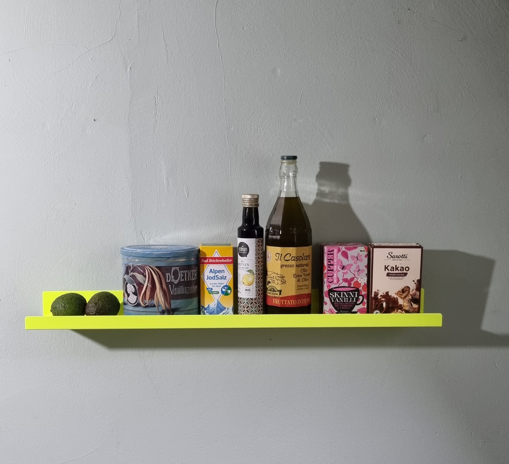 Wandregal gelb Bilderleiste neongelb Geschenk Wohnung Frau Geschenkidee Bilderleiste  75 cm lang Bilderleiste stabil, Gewürzregal neon, Ablageregal Flur, Wandregal Kinderzimmer neonfarben