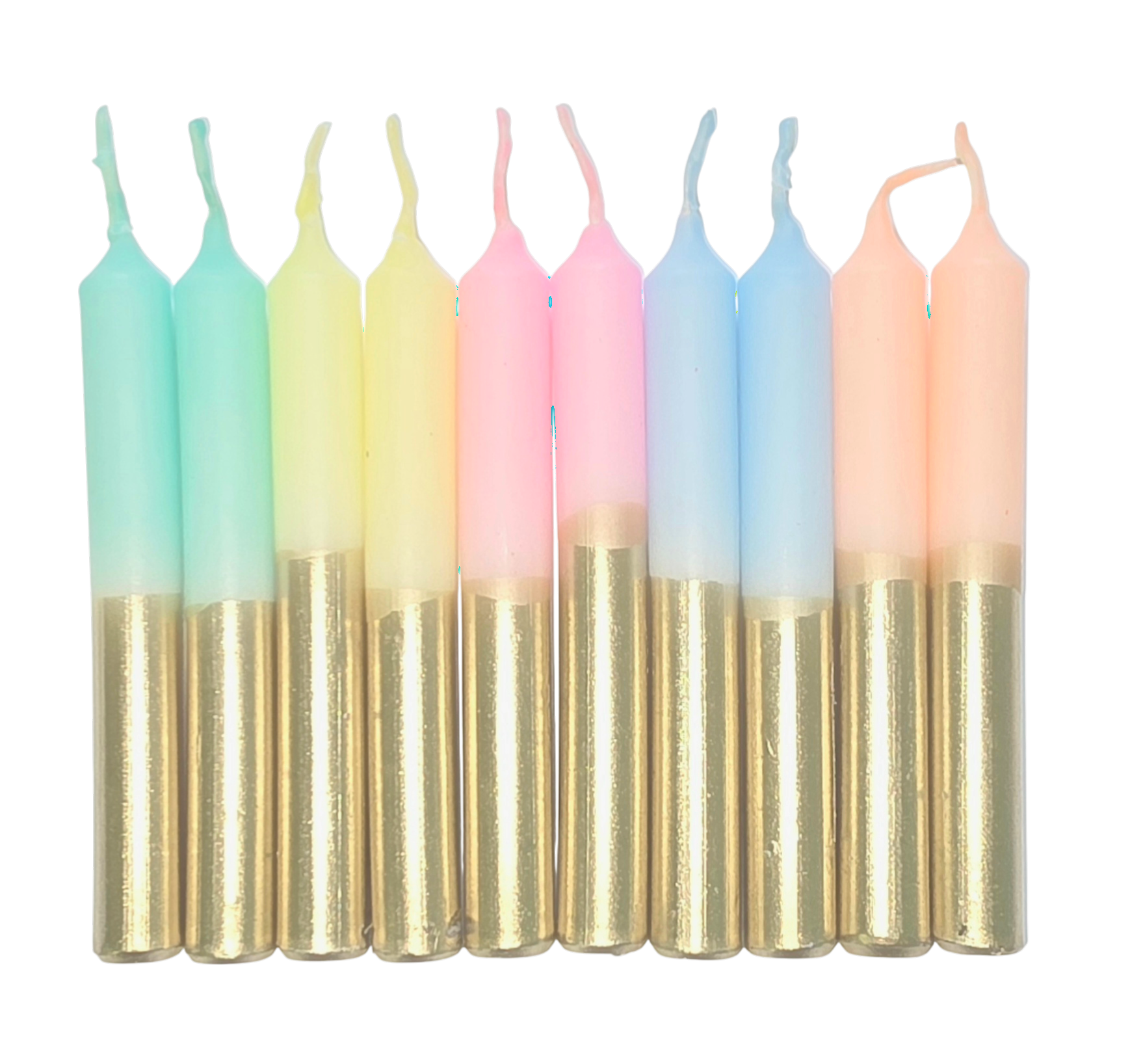 GLOWYBOX Geburtstagskerzen für Kerzenring Kerzen für Kindergeburtstag bunte Kinderkerzen Geburtstagszug Minikerzen bunt Kerzen gold bunt neon dip Dye Kerzen regenbogen Gold 10er