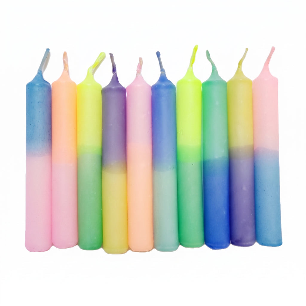 GLOWYBOX Geburtstagskerzen für Kerzenring Kerzen für Kindergeburtstag bunte Kinderkerzen Geburtstagszug Minikerzen bunt Baumkerzen bunt neon dip Dye Kerzen regenbogen pastell 10er
