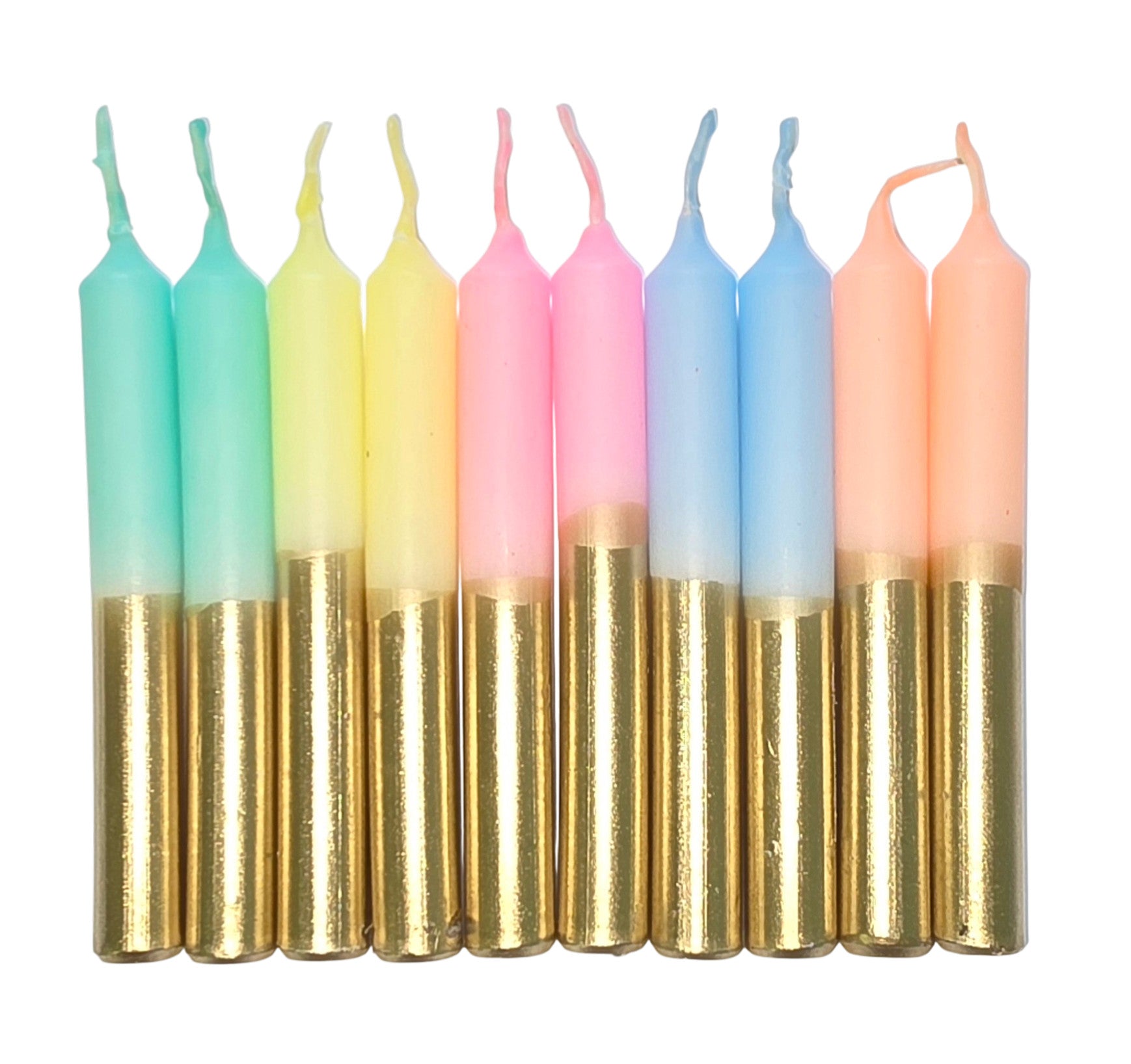 GLOWYBOX Geburtstagskerzen für Kerzenring Kerzen für Kindergeburtstag bunte Kinderkerzen Geburtstagszug Minikerzen bunt Kerzen gold bunt neon dip Dye Kerzen regenbogen Gold 10er